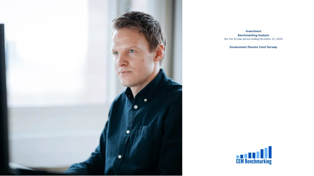 Foto av rapport og mannlig ansatt i Folketrygdfondet