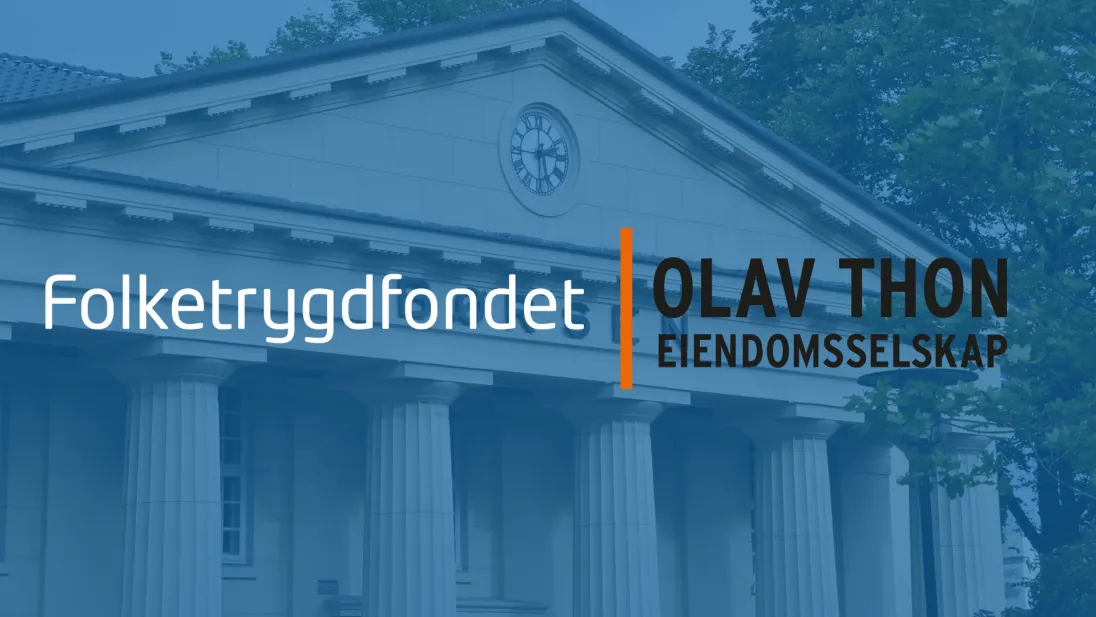 Logoer Folketrygdfondet og OLT med Oslo Børs i bakgrunnen