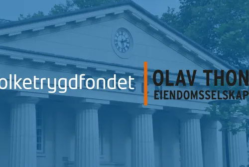 Logoer Folketrygdfondet og OLT med Oslo Børs i bakgrunnen